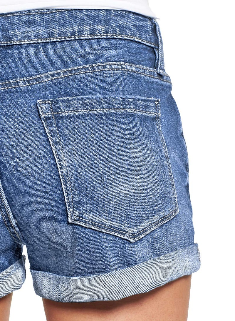 luvamia Women's Ripped Denim Jean Shorts High Waisted Stretchy Folded Hem Short Jeans B Lagoon Blue Size Large Fits US 12-14 - Image 4
